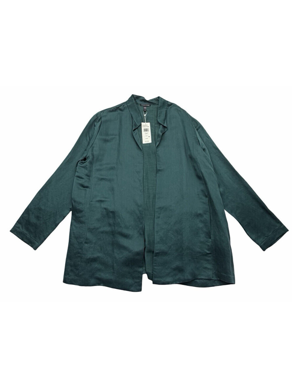 Eileen Fisher Satin Woven Stand Collar Open Front Jacket Emerald Green Size M